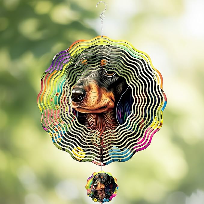 Hanging Wind Spinners Outdoor - Metal 3D Wind Spinner Stainless Steel Dachshund Decor for Patio Lawn Garden Indoor Balcony 12 Inch Kinetic Spinning Ornaments Birthday Gifts for Dog Lover