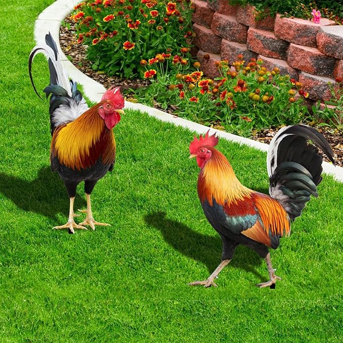 2 Pack Metal Rooster Yard Decor, Realistic Garden Stakes Chicken Yard Art Rooster Signs for Outside, Roosters Decorations for Garden Backyard Patio Lawn