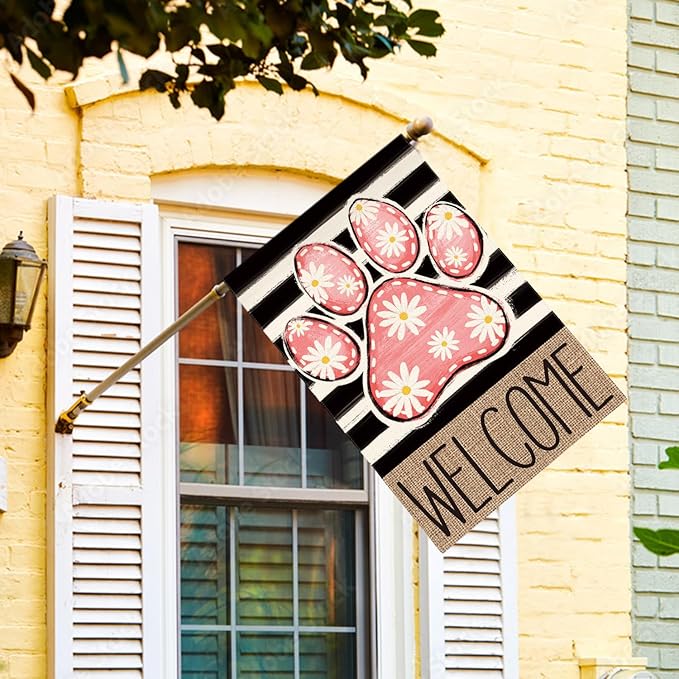 AVOIN colorlife Pink Paw Print Spring House Flag 28x40 Inch Double Sided Outside, Daisy Floral Welcome Stripes Yard Outdoor Flag