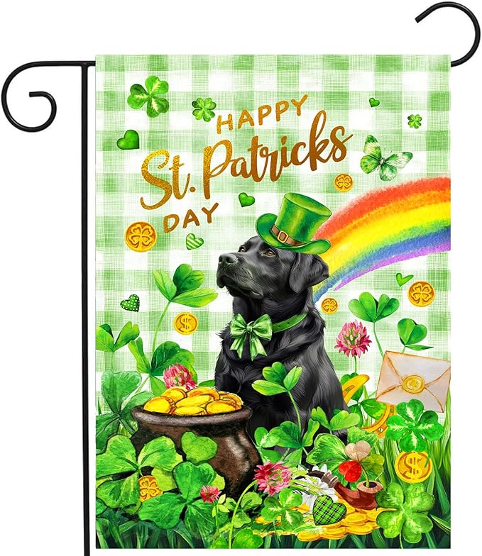 Black Lab St Patricks Day Garden Flag Labrador Dog St Patrick's Day Yard Flags for Outside 12x18 Double Sided Buffalo Plaid Shamrock Flag Small Outdoor Rainbow St Patrick's Decor