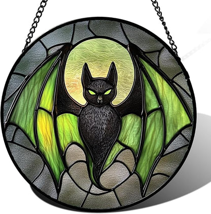 Stained Glass Window Hanging - Halloween Black Bat Green Wings Monster Suncatcher for Doors Garden Home Spooky Sun Catchers Gothic Decor Horror Gift for Women Men Friend Boy Girl 11.8 in