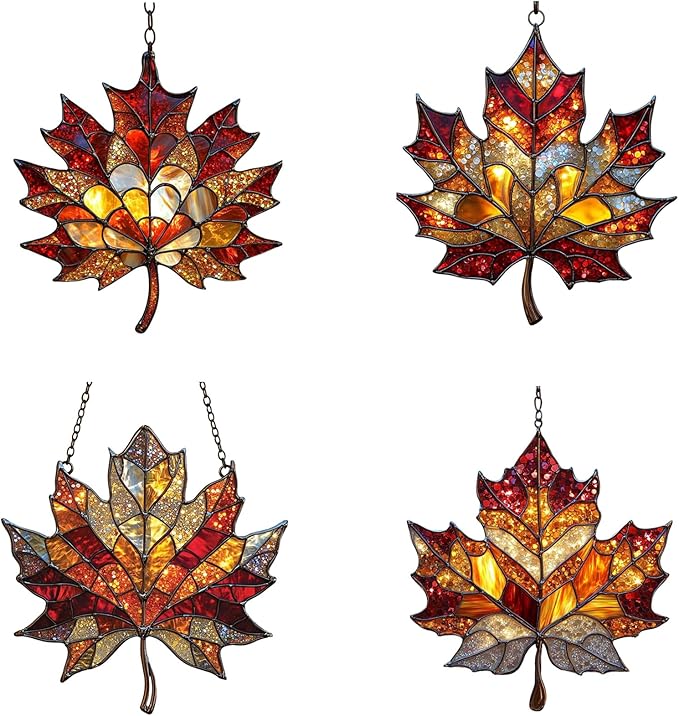 Hanging Stained Glass for Windows, Maple Leaf Set of 4 Suncatcher Ready to Hang Window Doors Home Decoration,Valentine's Day Ornaments Festival Gift