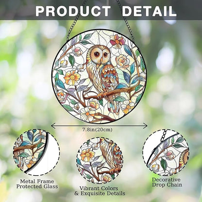 Owl Bird Flower Stained Glass Window Hanging, Owl Gifts for Women, Cottagecore Bird Floral Botanical Suncatchers Sun Catchers Indoor Window Glass Wall Art Decorations, 7.9x7.9in, Patio