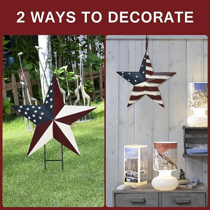 Linfevisi American Flag Star Yard Signs 17.5 Inch 2 Pack of Metal Patriotic Barn Stars Garden Stakes US Flag Outdoor 4th of July Decorations Memorial Day Yard Art Lawn Ornaments Patio for Outside
