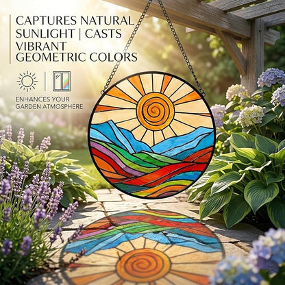 Stunning 12" Stained Glass Suncatcher - Colorful Spiral Sun & Rainbow Mountain Window Hanging, Handcrafted Outdoor Garden Decor, Ideal Mother’s Day or Housewarming Gift
