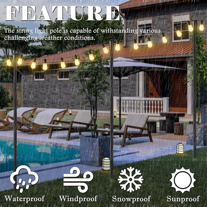 10Ft String Light Poles 4 Pack for Outside, Metal Outdoor Light Poles with 5 Prongs for Garden Patio Backyard Deck, Fence Bracket Hanging Light for Party Wedding Decor
