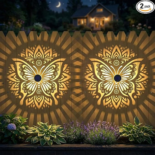 2 Pack Solar Fence Lights Metal Solar Powered Outdoor Wall Deck Step Lights Butterfly Mandala Theme Waterproof Fence Light for Garden Post Patio Backyard Yard Decor, Gardening Gifts for Women Mom