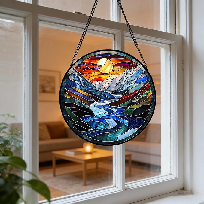 Stained Glass Window Hanging, Canyon Mountains Sunset View Sun Catcher for Window Home Decor Landscape Suncatcher Mother's Day Birthday Gifts for Women Men Mom and Nana 9.8 in