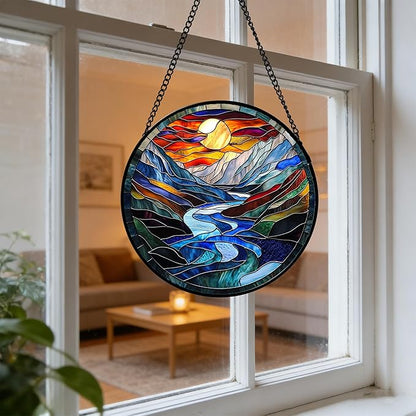 Stained Glass Window Hanging, Canyon Mountains Sunset View Sun Catcher for Window Home Decor Landscape Suncatcher Mother's Day Birthday Gifts for Women Men Mom and Nana 9.8 in