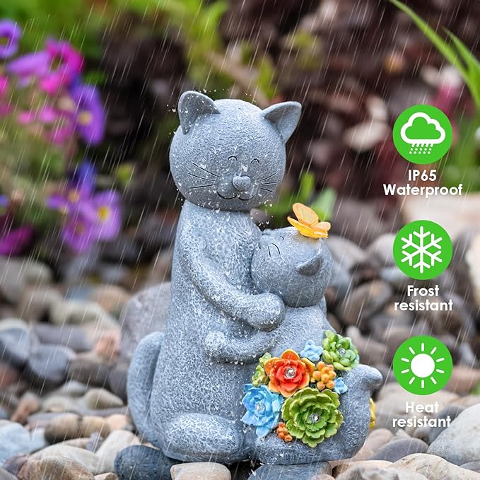 Candieslife Solar Garden Statues Loving Cat Figurine Lights for Outside, Yard Decorations Outdoor, Garden Decor Unique Mothers Day Birthday Housewarming Gifts for Mom, Women, Lover