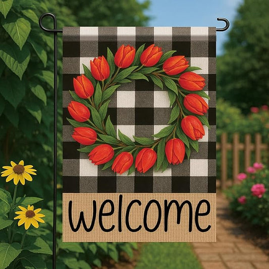 Buffalo Plaid Welcome Wreath Garden Flag 12x 18 Inch Double Sided Tulip Flower Flag Spring Outdoor Fall Autumn Farmhouse Outdoor Small Decor for Porch Lawn Patio Yard