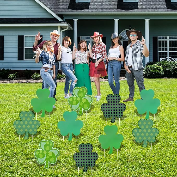 10 Pieces St. Patrick's Day Decorations Outdoor Yard Garden Porch Lawn Sign - 5 Assorted Shamrock Design 12.6 x 11 Inches Large Green Clover Signs with Stakes for Saint Patrick Irish Theme Party Favor