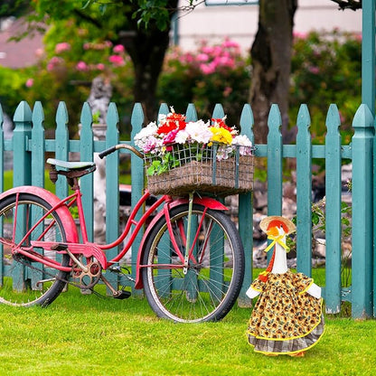 FuWeave Spring Goose Outfit Sunflower Lawn Porch Cement Goose Sunmer Clothes Skirts Hat Wig Forgarden Outdoor Patio Yard Statue Art Decor(Sunflower,17 Inch)