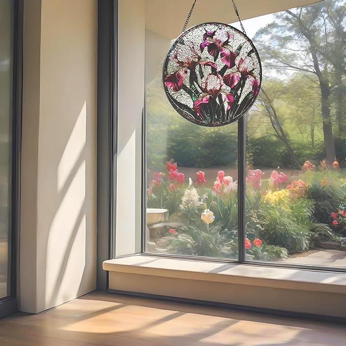 Iris Floral Stained Glass Sun Catcher Window Hanging,Handmade Suncatcher Window Art for Home Decor and Garden,Thoughtful Gift for Mom, Grandma or Nana