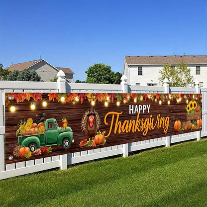 BlissYard Happy Thanksgiving Banner Autumn Harvest Backdrop Turkey Truck Pumpkins 118x20 inches Fall Decor Supplies for Thanksgiving Celebration Photo Backdrop Wall Hanging Decoration