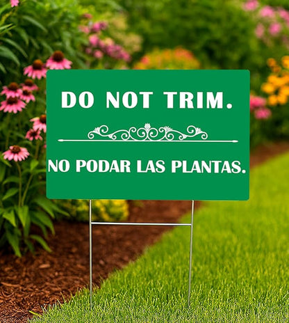3 Pcs 12x8 Inches Corrugated Plastic Do Not Trim Yard Signs with Metal Stakes - Bilingual Plastic Plant Signs or Garden Markers for Outdoor Lawn - Double Sided No Trim or Mow Signs