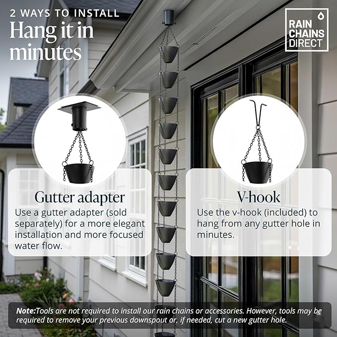 Rain Chains Direct Cascading Bowls Rain Chain - Heavy Rain Flow - for 8-10 Foot Drops - Heavy Duty - Large Cups - Durable Flat-Black Powder-Coated Aluminum - Premium Rain Chains for Gutters