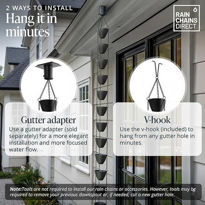Rain Chains Direct Cascading Bowls Rain Chain - Heavy Rain Flow - for 8-10 Foot Drops - Heavy Duty - Large Cups - Durable Flat-Black Powder-Coated Aluminum - Premium Rain Chains for Gutters