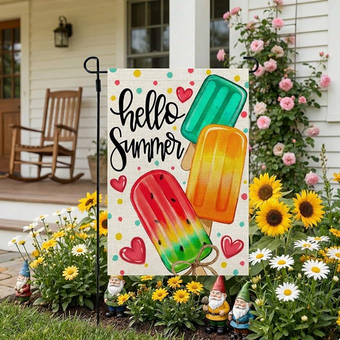 CROWNED BEAUTY Summer Garden Flag Popsicles Double Sided 12x18 Inches Small Burlap Seasonal Welcome Yard Decoration for Outside Porch CF1813-12
