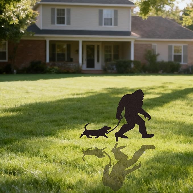 Bigfoot Garden Stake Laser Cut Metal Sasquatch Statue Walking Dachshund Dog on Leash Funny Yard Decor, Outdoor Metal Yard Art Silhouette, Sign for Garden & Lawn