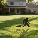 Bigfoot Garden Stake Laser Cut Metal Sasquatch Statue Walking Dachshund Dog on Leash Funny Yard Decor, Outdoor Metal Yard Art Silhouette, Sign for Garden & Lawn