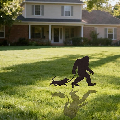 Bigfoot Garden Stake Laser Cut Metal Sasquatch Statue Walking Dachshund Dog on Leash Funny Yard Decor, Outdoor Metal Yard Art Silhouette, Sign for Garden & Lawn