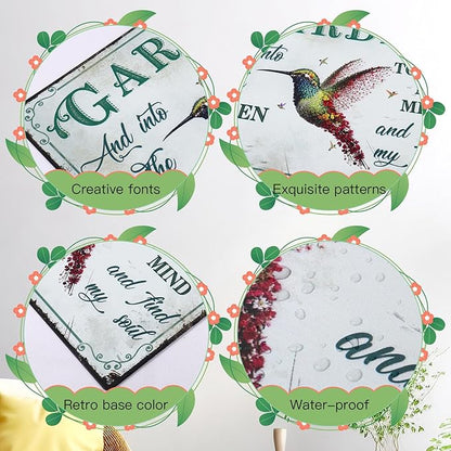 Bnesi Garden Signs for Outside Rustic Garden Home Outdoor Sign Decor Gift for Mothers Day, Grandmas Humming Bird Outside Sign Decoration Welcome Sign Patio Signs and Decor Outdoor (Green, Plant)