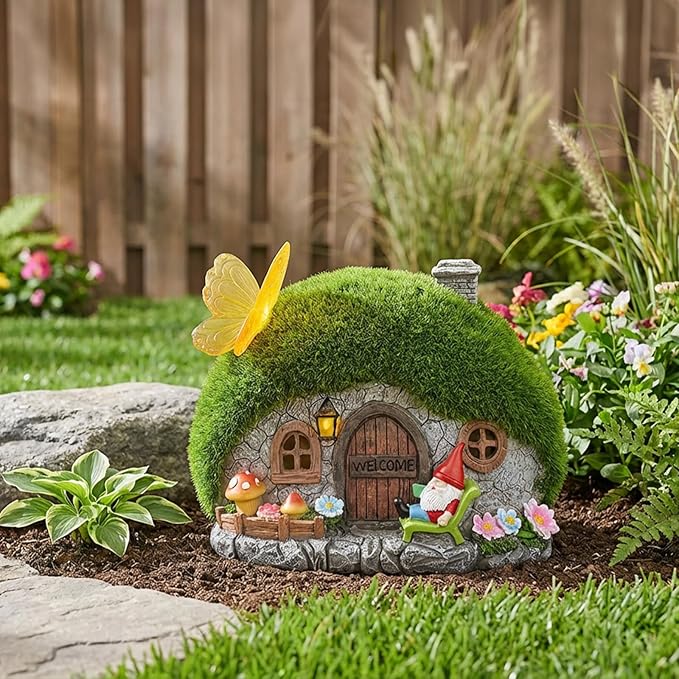 Solar Fairy Garden House Accessories, Outdoor Garden Statues with Butterfly Lights & Gnomes Gardening Gifts for Women, House Sculpture Figurine Outside Garden Decorations for Yard Patio Lawn Decor