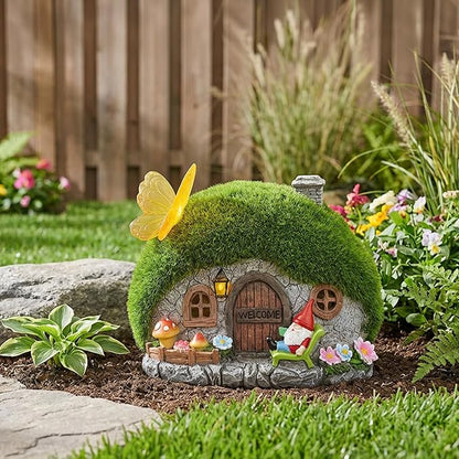 Solar Fairy Garden House Accessories, Outdoor Garden Statues with Butterfly Lights & Gnomes Gardening Gifts for Women, House Sculpture Figurine Outside Garden Decorations for Yard Patio Lawn Decor