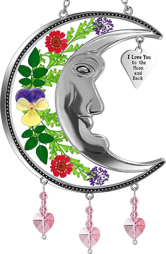 KY&BOSAM Moon Suncatcher Mom Gifts Stained Glass for Windows Hangings Wind Chime Decor with Pressed Real Flower and Metal I Love You to The Moon and Back Heart Charm for Home Christmas Trees Patio