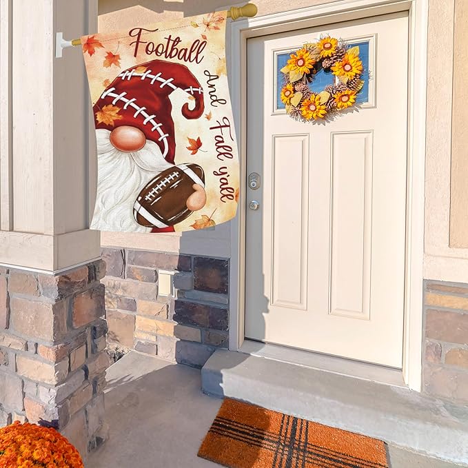 Heyfibro Football and Fall Y'all Gnome Garden Flag 28x40 Double Sided Burlap, Maple Leave Rugby Sports Events Yard Flags for Thanksgiving Rustic Seasonal Autumn Outdoor Decoration (ONLY FLAG)