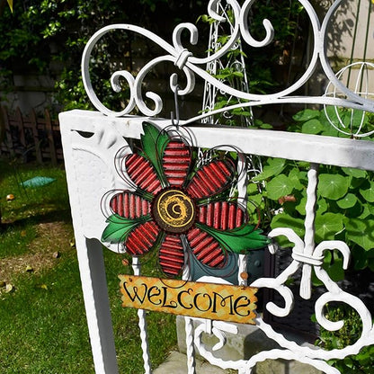 Vintage Flower Metal Welcome Sign Front Door Decor Hanging Wall Sign Indoor Outdoor Garden Hanging Sign 15.75x12.75" (Three colors)