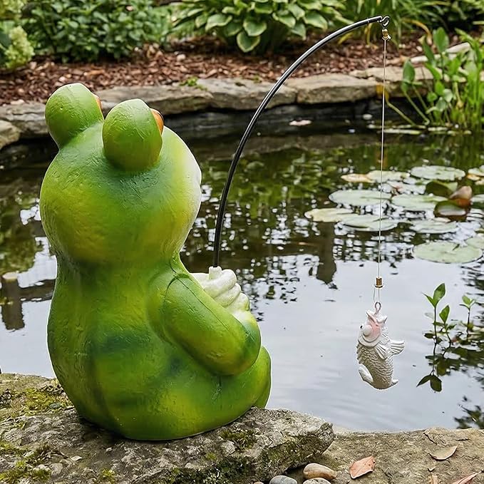 Elenon Funny Frog with Fishing Pole Garden Decorative, 9" Adorable Flower Bed Decor Frog Statue, Yard Patio Art Decor Sculptures Table Ornament