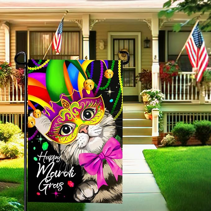 Happy Mardi Gras Garden Flag Masquerade Mask Cat Yard Flags Spring New Orleans Carnival Festival Masquerade Celebration Season Holiday Party Yard Decoration for Outside 12x18 Double Sided