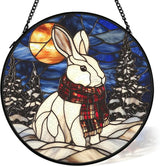 Winter Christmas Bunny Suncatcher Stained Glass Window Hanging Decorstions, Nature Landscape Stained Glass Wall Decor, Winter Solstice Gifts, Forest Garden Lawn Sun Catchers Art, 7.9x7.9Inch