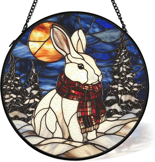 Winter Christmas Bunny Suncatcher Stained Glass Window Hanging Decorstions, Nature Landscape Stained Glass Wall Decor, Winter Solstice Gifts, Forest Garden Lawn Sun Catchers Art, 7.9x7.9Inch