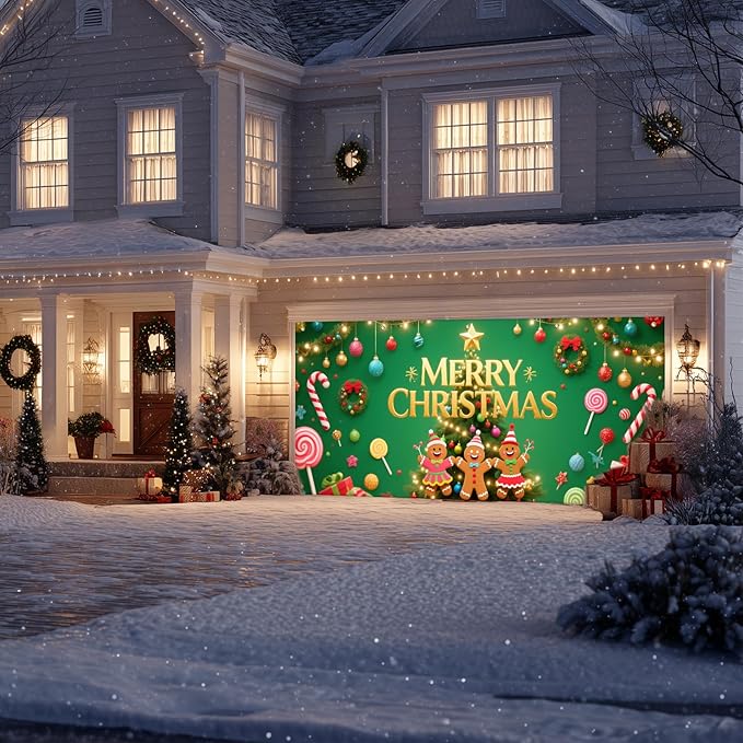 IVN Green Candy Christmas Garage Door Banner 6x13 ft Holiday Backdrop with Gingerbread Ornaments Garage Door Covers Decorative Garage Door Cover Mural for Outdoor Wall Decor