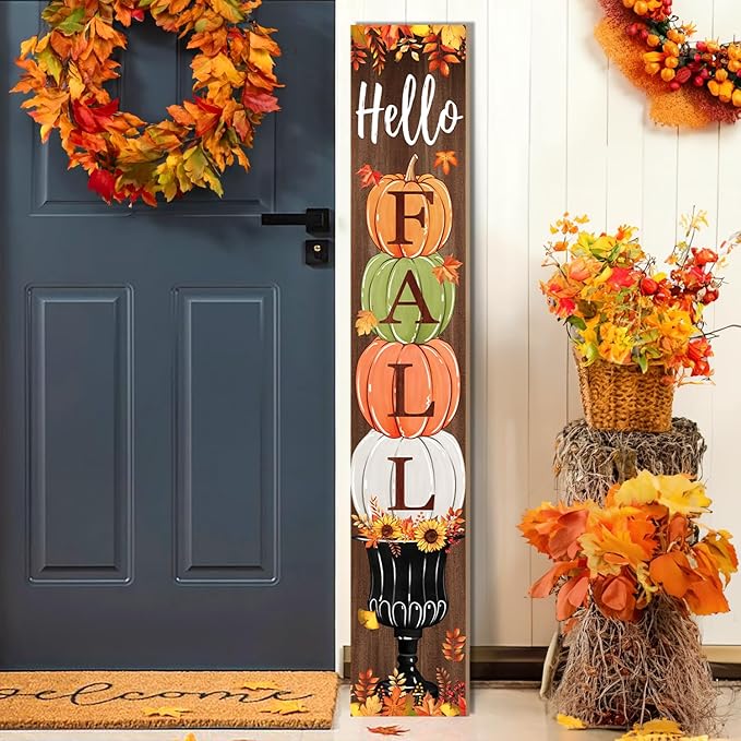 Fall Porch Sign, Hello Pumkpkin Sign for Front Porch, 3 Pumpkins Wooden Sign Yard, Vertical Wood Sign Standing for Patio Front Door Porch, Autumn Home Party Entryway Yard Wall Decor Indoor Outdoor, 47x8 inch