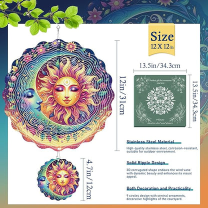 Garden Decor Wind Spinners Outdoor - 12 inch 3D Stainless Steel Hanging Wind Spinners Sun and Moon Mothers Day Decor Gifts for Women Men Outside Yard Art Windmill Lawn Ornaments Outdoor Patio Lawn