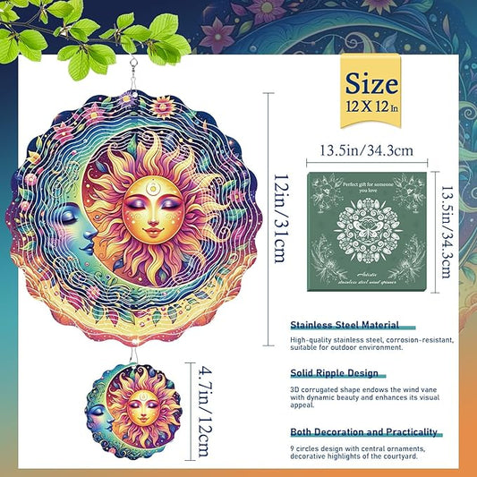 Garden Decor Wind Spinners Outdoor - 12 inch 3D Stainless Steel Hanging Wind Spinners Sun and Moon Mothers Day Decor Gifts for Women Men Outside Yard Art Windmill Lawn Ornaments Outdoor Patio Lawn