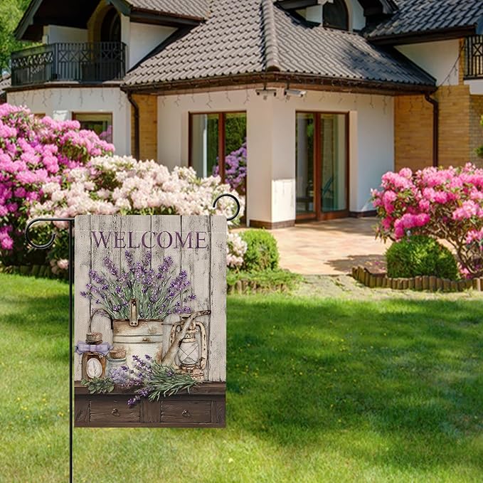 Hzppyz Welcome Spring Summer Garden Flag Lavender Flower Bucket, Decorative House Yard Lawn Outdoor Small Burlap Flag Lantern Decor, Vintage Farmhouse Seasonal Outside Decorations Double Sided 12 x 18