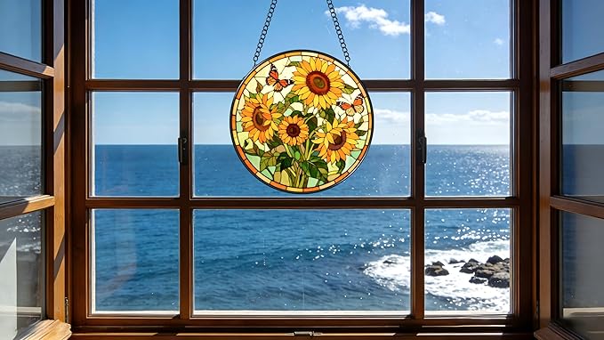 Funoasis Stained Glass Window Hanging 6.3 Inches Suncatcher - Two Butterflies are Flying On The Sunflower Ornaments Sun Catcher Home Decor Women Birthday
