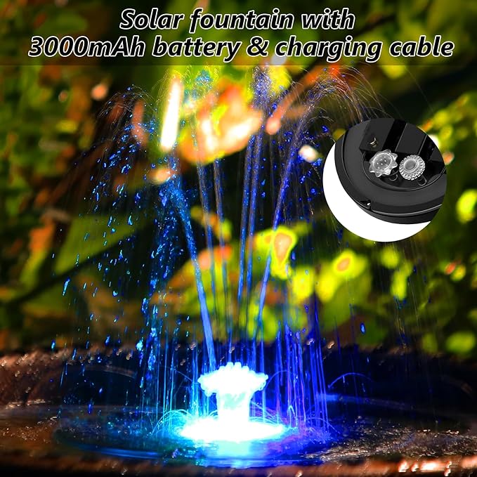 AISITIN 6.5W Solar Glass Panel Fountain, LED Colorful Lights & Remote Control, Rechargeable with Storage, Solar Powered Water Fountain Pump with Integrated Bracket for Bird Bath, Garden, Outdoor, Pond