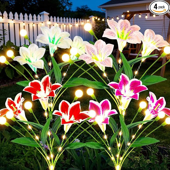 WdtPro Upgraded Solar Garden Lights Outdoor: 4 Pack 2-in-1 Solar Firefly Swaying Light with Lily Flower and Glowing Stem, Waterproof Garden Decor for Yard Patio Pathway Lawn, Gardening Gifts for Women