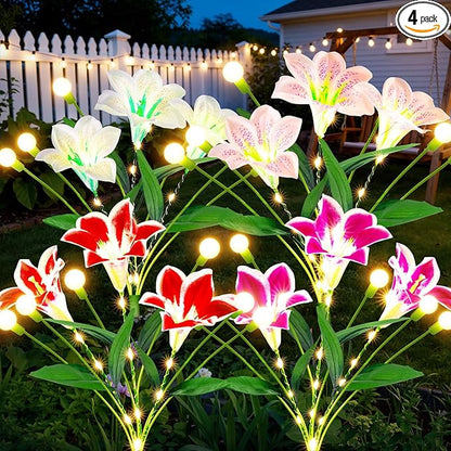 WdtPro Upgraded Solar Garden Lights Outdoor: 4 Pack 2-in-1 Solar Firefly Swaying Light with Lily Flower and Glowing Stem, Waterproof Garden Decor for Yard Patio Pathway Lawn, Gardening Gifts for Women