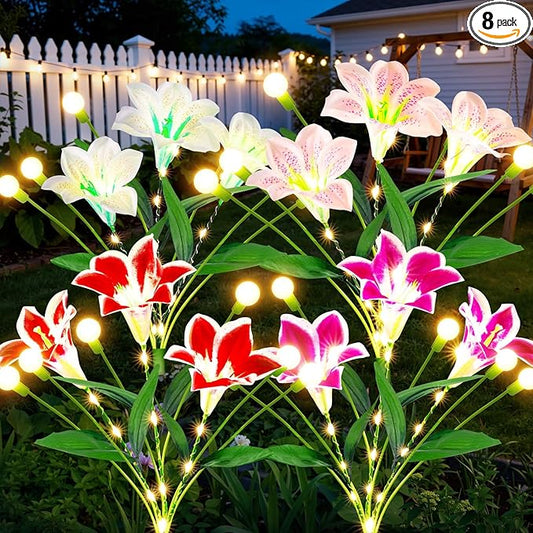 WdtPro Upgraded Solar Garden Lights Outdoor: 8 Pack 2-in-1 Solar Firefly Swaying Light with Lily Flower and Glowing Stem, Waterproof Garden Decor for Yard Patio Pathway Lawn, Gardening Gifts for Women