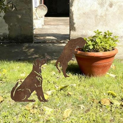 Rusty Metal Dog Cat Garden Stakes, 2 Pcs Decorative Garden Stakes Animal Silhouette Statues for Yard Art Outside, Lawn,Patio, Outdoor Decor,Cat Dog Decor for Animals Lovers