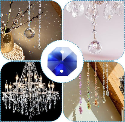 PATIKIL K9 Crystal Octagon Beads 2 Holes Pendants, 60 Pack 14mm Chandelier Prisms Parts Ornaments Hanging Beads for DIY Arts Crafts Decoration, Blue