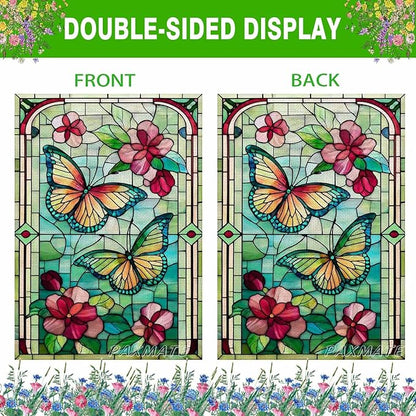 Spring Summer Butterfly House Flag 28x40 Inch Double Sided, Stained Glass Floral Butterfly Outdoor Flag, Colorful Flower Large Yard Lawn Porch Patio Farmhouse Garden Decor
