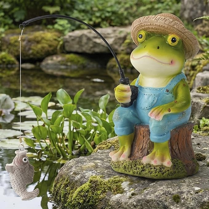 Elenon Fishing Frog Garden Statue, 9" Hat Frog with Pole Decor for Koi Pond Waterfalls, Adorable Flower Bed Outdoor Yard Patio Art Decorative Sculptures Table Ornament